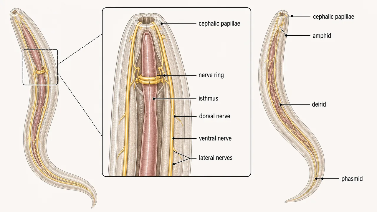 Nematode nervous system showing nerve ring around the isthmus with dorsal, ventral, and lateral nerves plus cephalic papillae, amphid, deirid, and phasmid