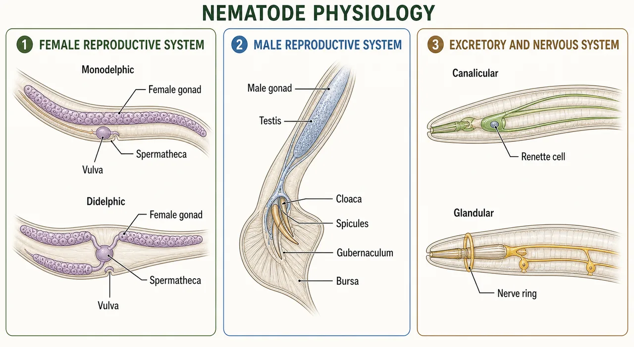 Annotated nematode physiology showing female gonad, male gonad, canalicular and glandular excretory systems, renette cell, and nerve ring