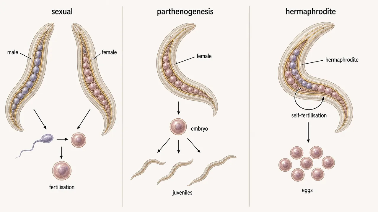 Comparison of sexual reproduction, parthenogenesis, and hermaphroditic self-fertilisation in nematodes