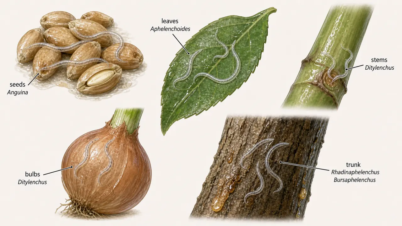 Above-ground feeding nematodes on seeds, leaves, stems, bulbs, and trunk tissues including Anguina, Aphelenchoides, Ditylenchus, Rhadinaphelenchus, and Bursaphelenchus