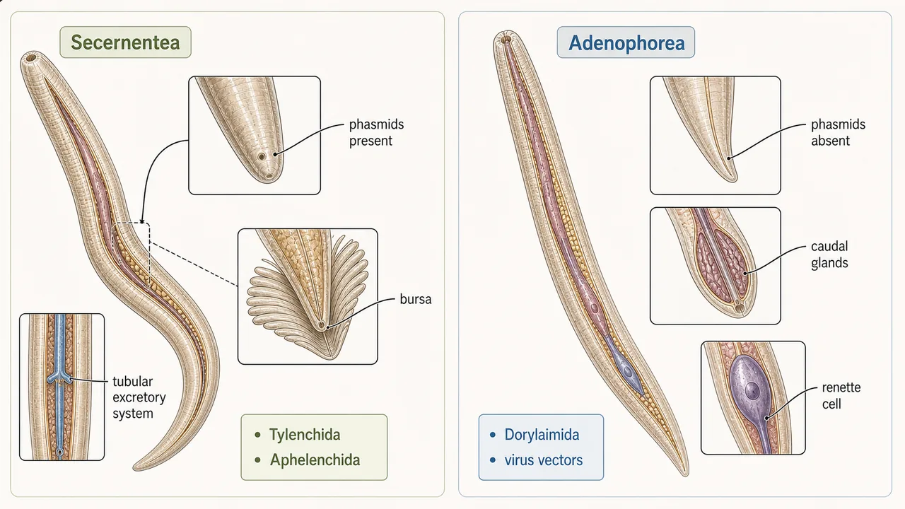 Comparison of Secernentea and Adenophorea showing phasmids, bursa, caudal glands, renette cell, and major plant parasitic orders