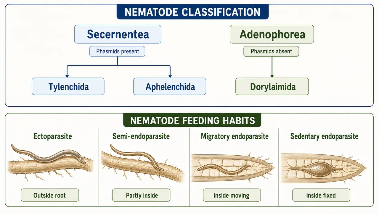 Annotated nematode classification showing Secernentea, Adenophorea, Tylenchida, Aphelenchida, Dorylaimida, and the feeding habit comparison from ectoparasite to sedentary endoparasite