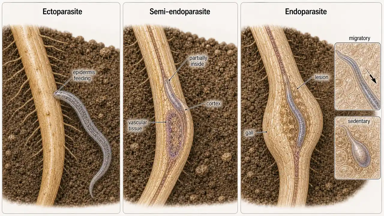 Comparison of ectoparasite, semi-endoparasite, and endoparasite body positions around roots with epidermis feeding, cortex entry, lesions, and gall formation