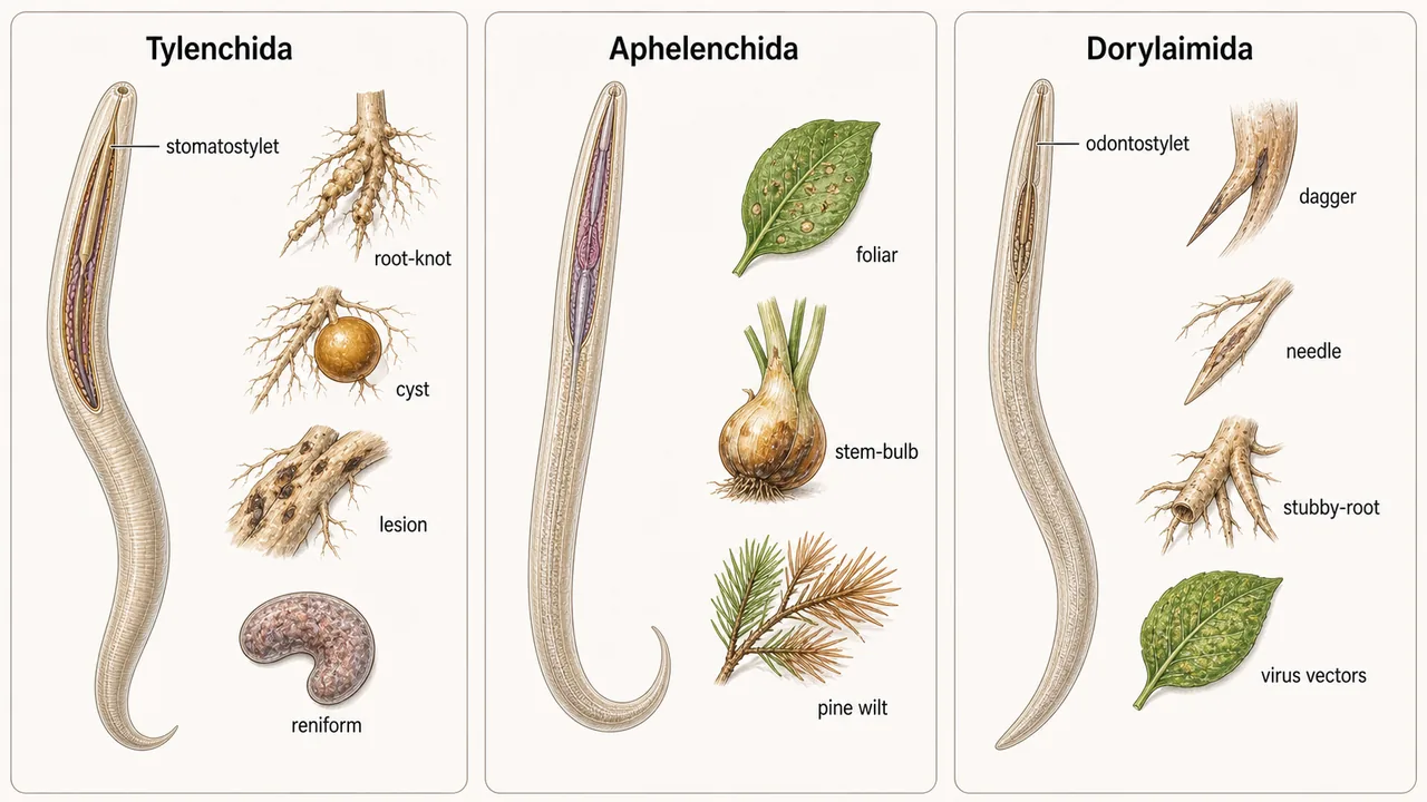 Comparison of Tylenchida, Aphelenchida, and Dorylaimida with stomatostylet or odontostylet cues and representative diseases or feeding groups
