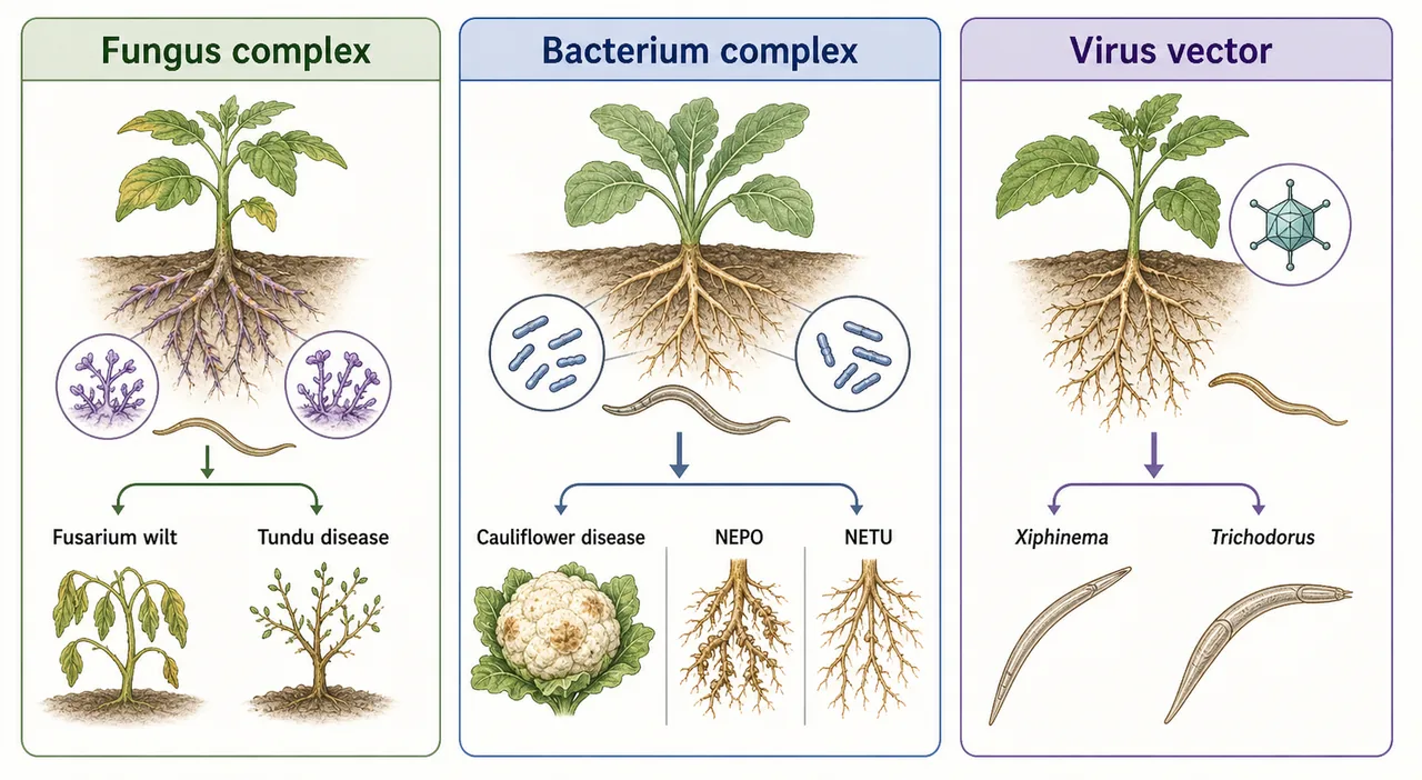 Annotated plant parasitic nematode biology showing egg, J1, J2, J3, J4, adult, infective stage, four moults, root exudates, normal soil conditions, univoltine, multivoltine, Heterodera, and Meloidogyne
