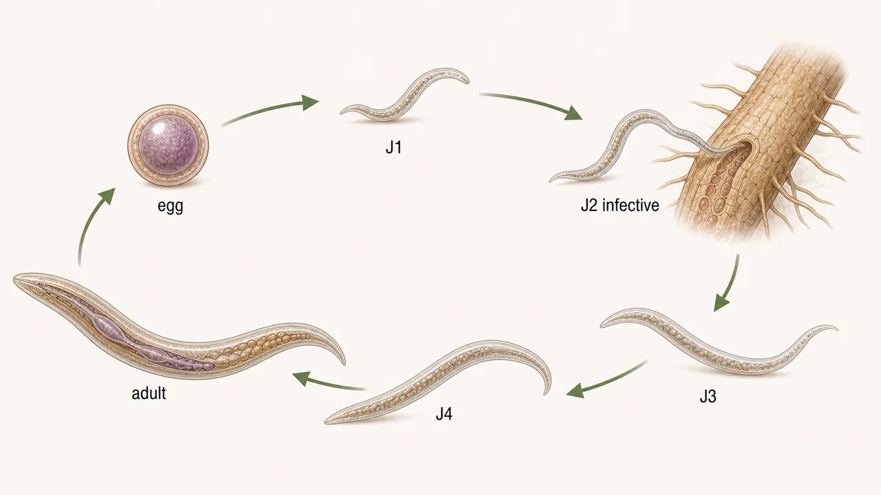 Six-stage plant parasitic nematode life cycle showing egg, J1, infective J2, J3, J4, and adult