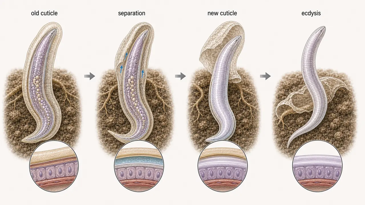 Nematode ecdysis sequence showing old cuticle separation, new cuticle formation, and shedding during moulting