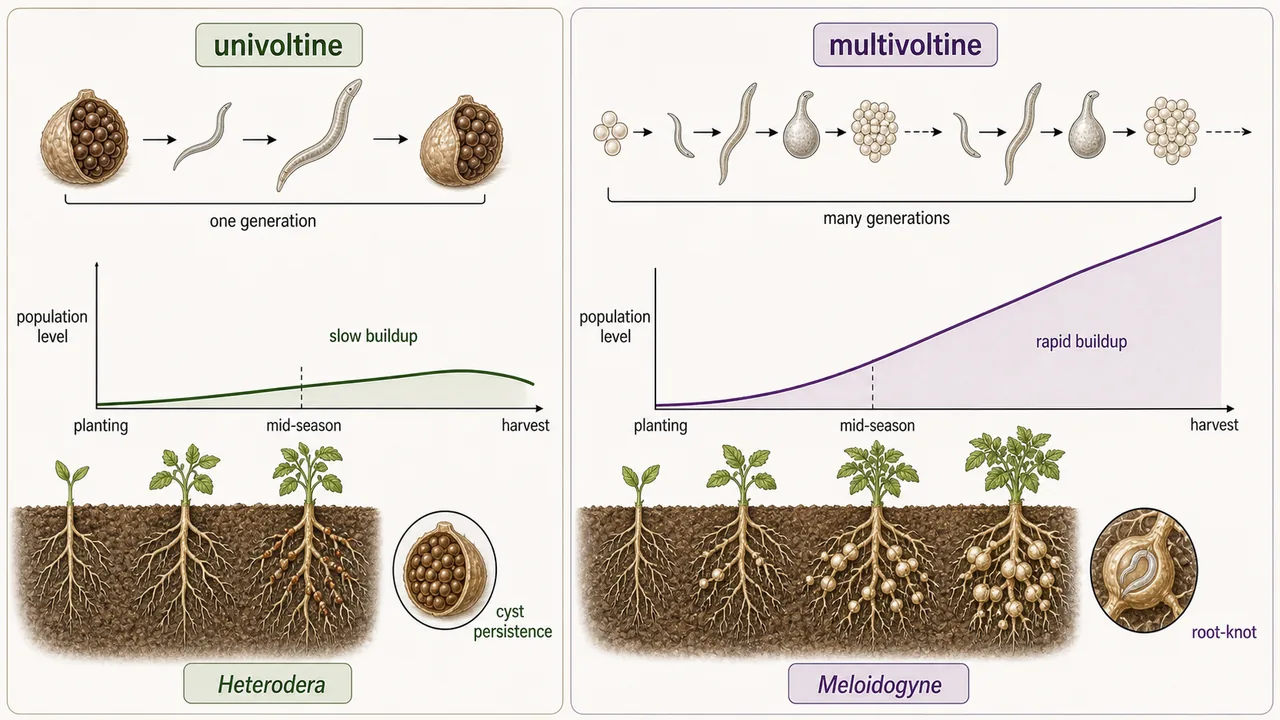 Comparison of univoltine and multivoltine nematodes showing one-generation slow buildup versus many-generation rapid buildup