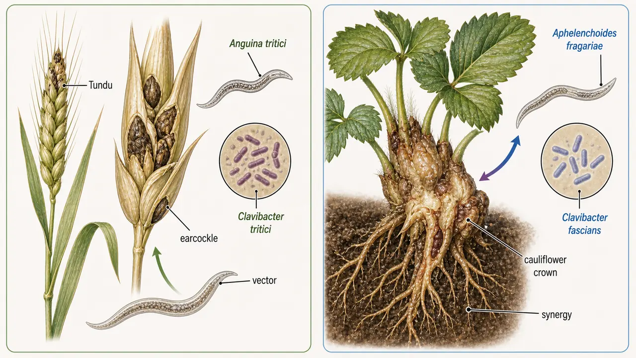 Comparison of Tundu disease of wheat and cauliflower disease of strawberry showing nematode-bacterium complexes with Anguina tritici, Clavibacter tritici, Aphelenchoides fragariae, and Clavibacter fascians