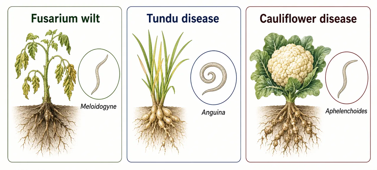 Annotated nematode disease complexes showing Fusarium wilt, Tundu disease, Cauliflower disease, Meloidogyne, Anguina, and Aphelenchoides