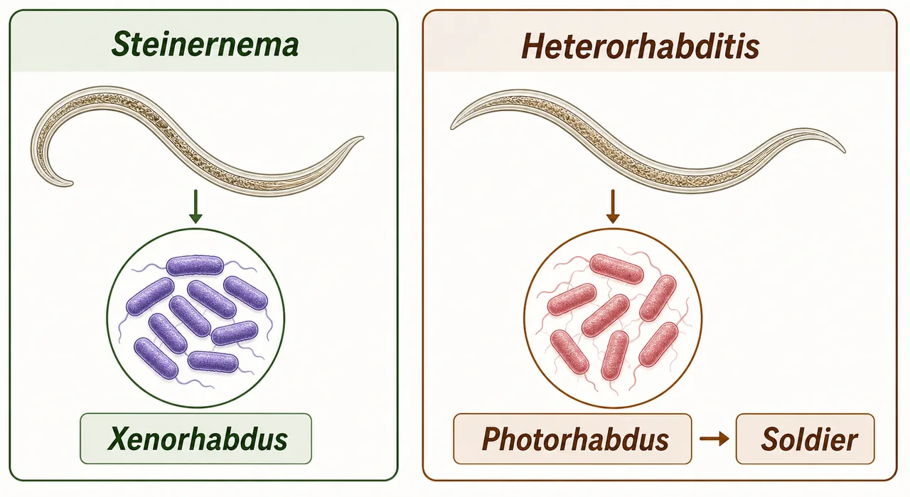 Annotated entomopathogenic nematodes showing Steinernema with Xenorhabdus and Heterorhabditis with Photorhabdus and Soldier