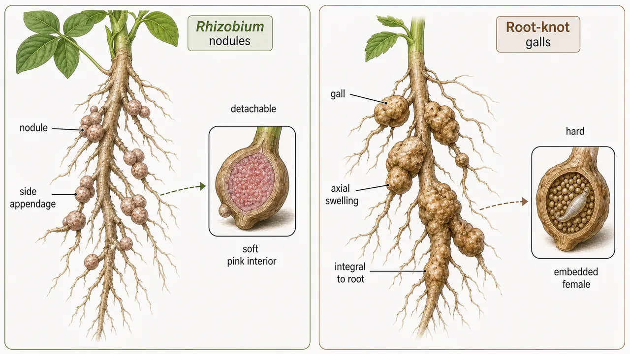 Comparison of Rhizobium nodules and root-knot galls showing detachable soft nodules versus hard axial galls with embedded females