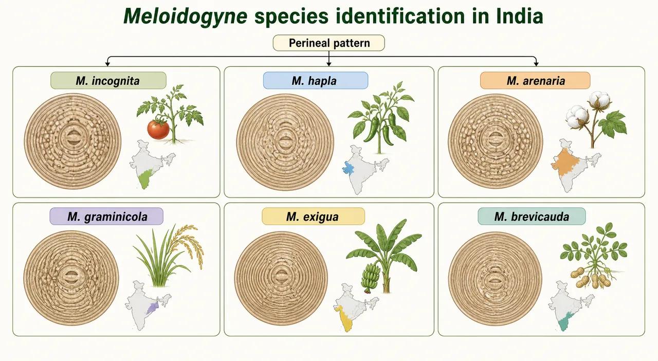 Annotated root-knot nematode life cycle and symptoms showing egg, J2, female, giant cells, 25 days, 7-8 generations, above-ground symptoms, below-ground galls, stunting, and yellowing