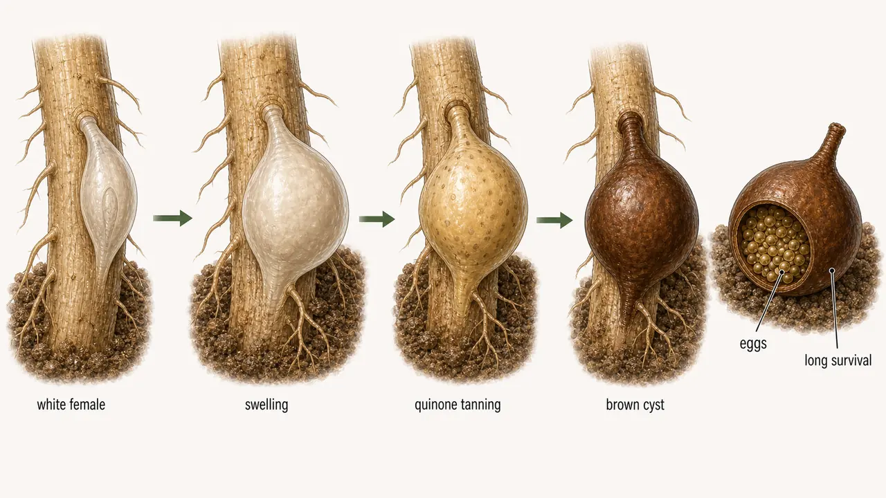 Cyst nematode female developing into a hardened brown cyst by quinone tanning with eggs protected inside