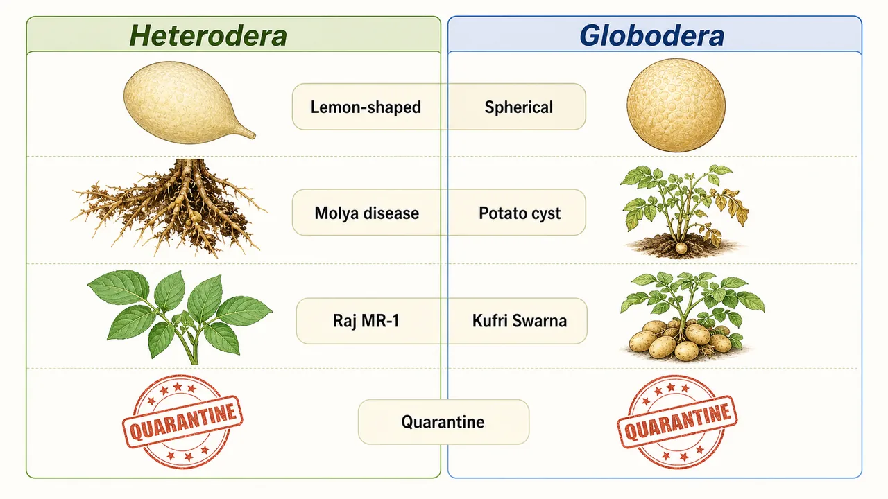 Annotated cyst nematode life cycle showing J2, syncytium, white female, brown cyst, root exudates, 3-4 years, 20-22 C, and univoltine habit