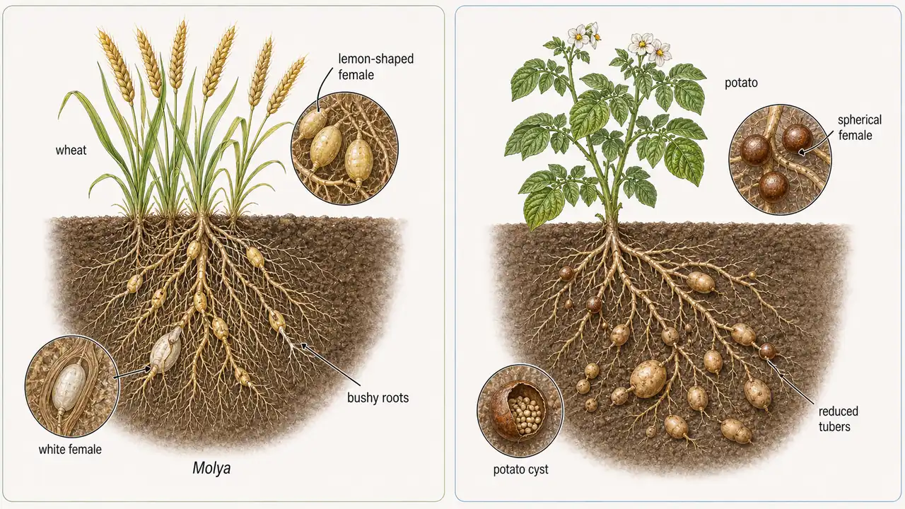 Comparison of wheat roots affected by Molya disease and potato roots affected by potato cyst nematode showing lemon-shaped and spherical females