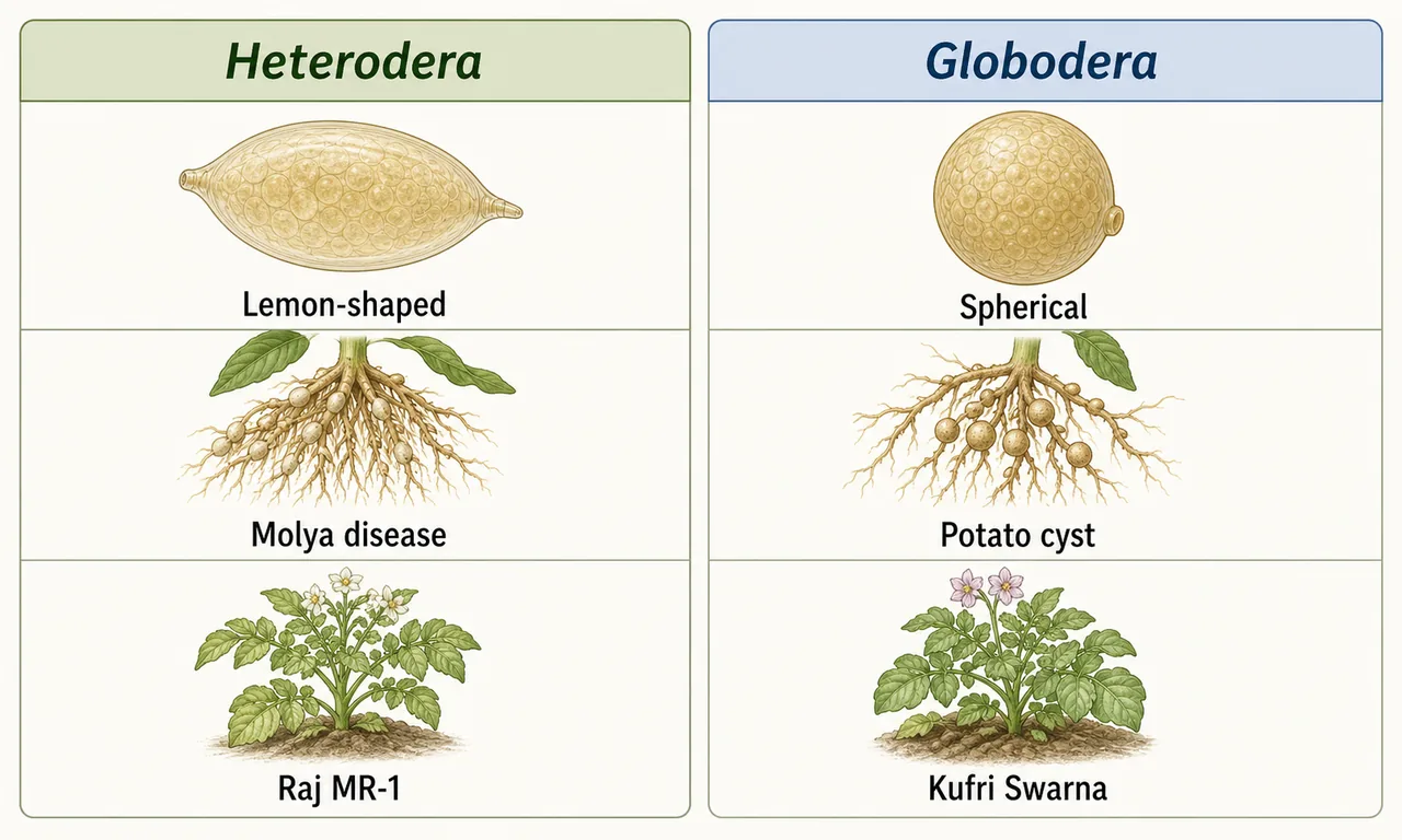 Comparison of Heterodera and Globodera with lemon-shaped, spherical, Molya disease, potato cyst, Raj MR-1, and Kufri Swarna labels