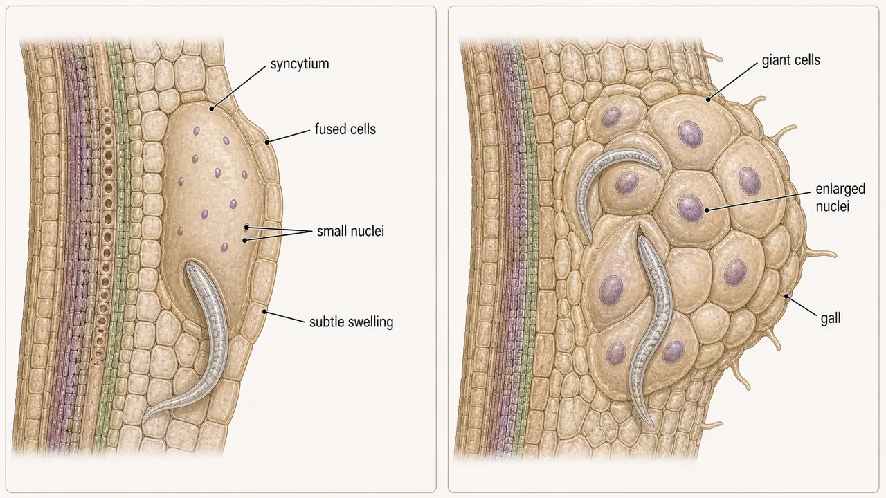Comparison of cyst nematode syncytium and root-knot giant cells showing fused cells, small nuclei, enlarged nuclei, subtle swelling, and gall formation