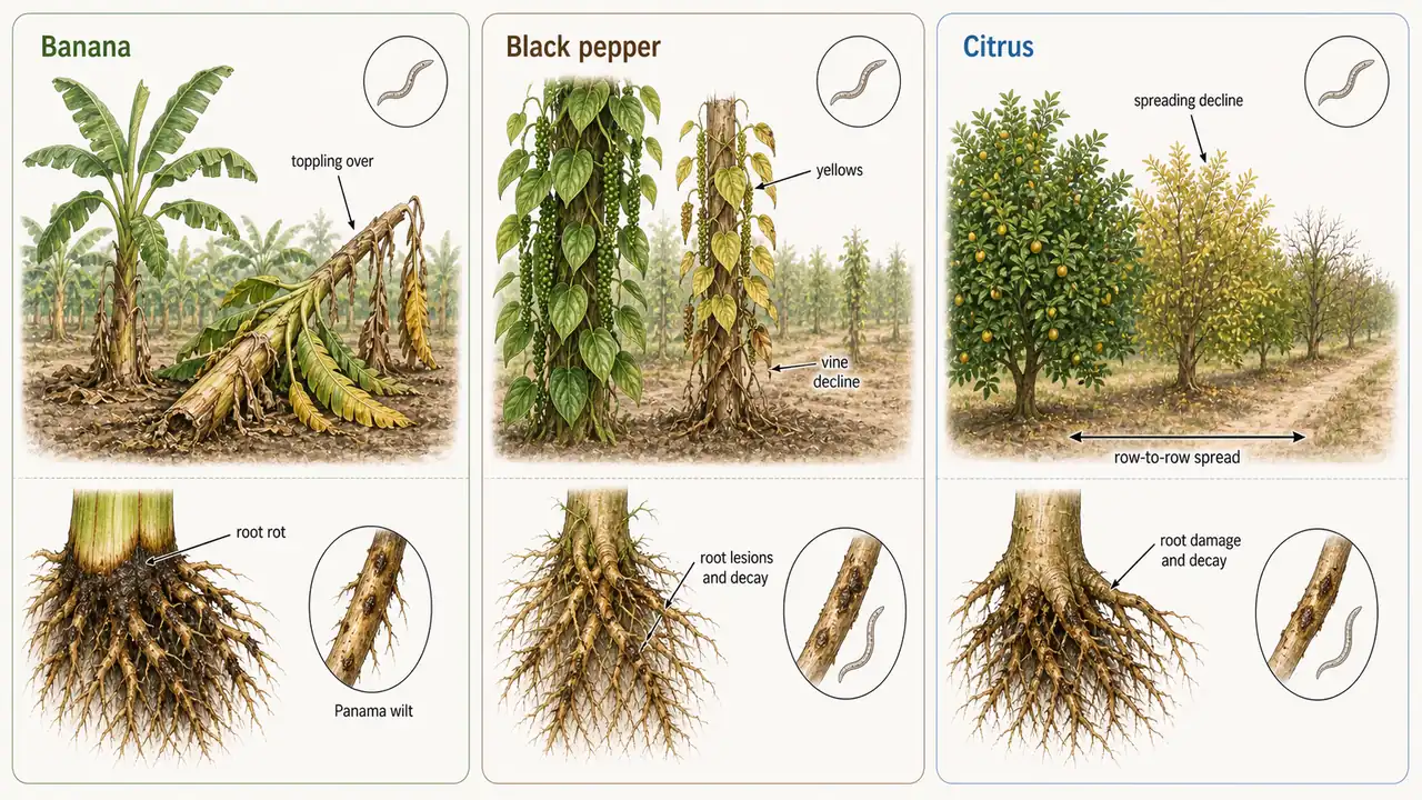 Comparison of banana decline, black pepper yellows, and citrus spreading decline caused by burrowing nematodes