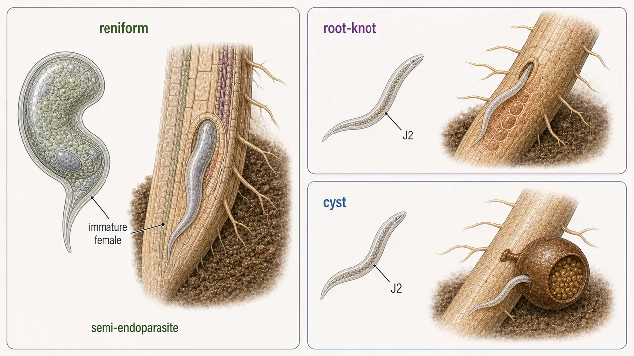 Comparison of infective stage in reniform nematode as immature female versus J2 infective stage in root-knot and cyst nematodes