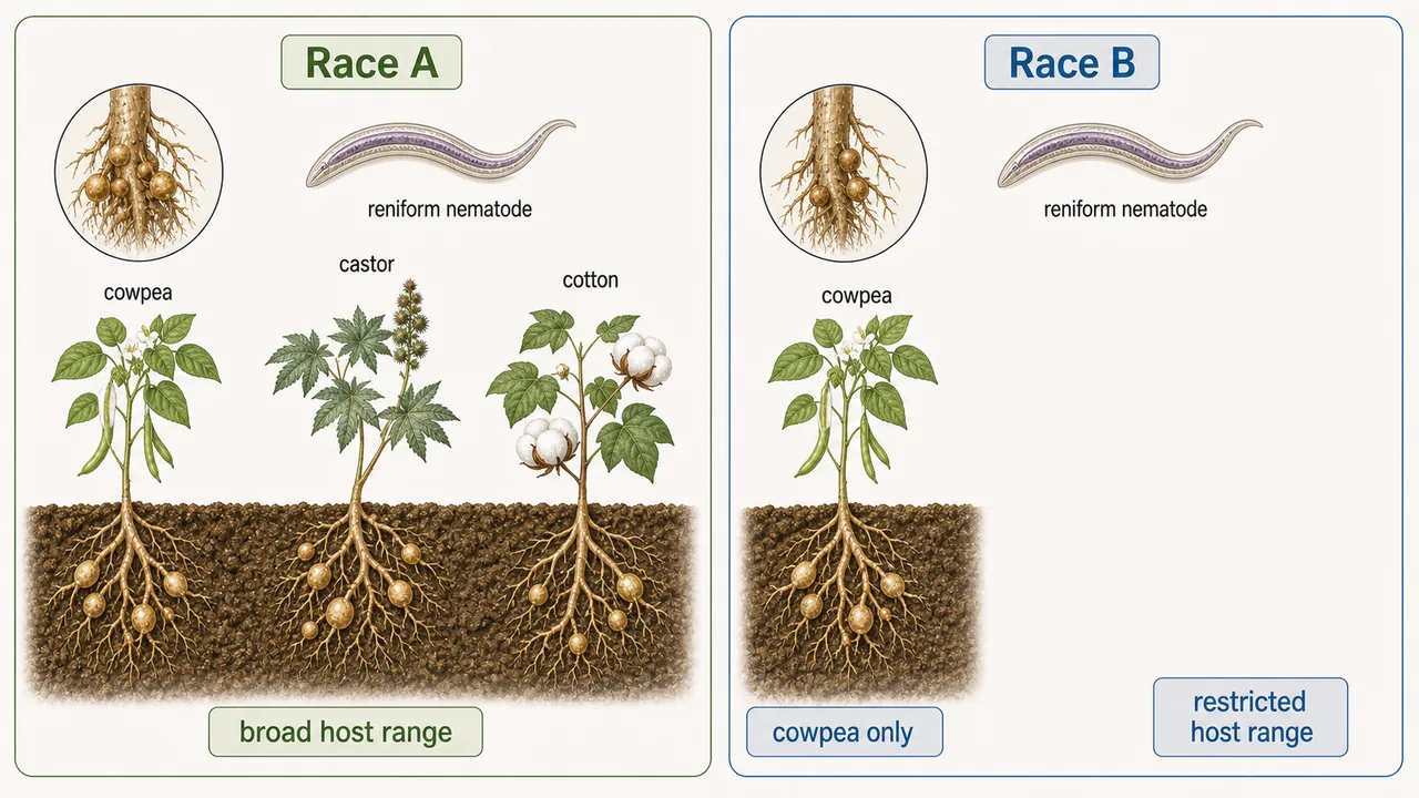 Comparison of Race A and Race B of reniform nematode showing broad host range on cowpea castor cotton versus cowpea-only restricted host range