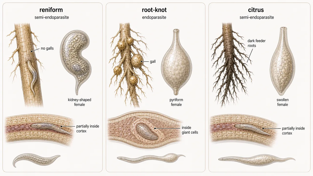 Comparison of reniform, root-knot, and citrus nematodes by female shape, parasitism type, and root symptoms