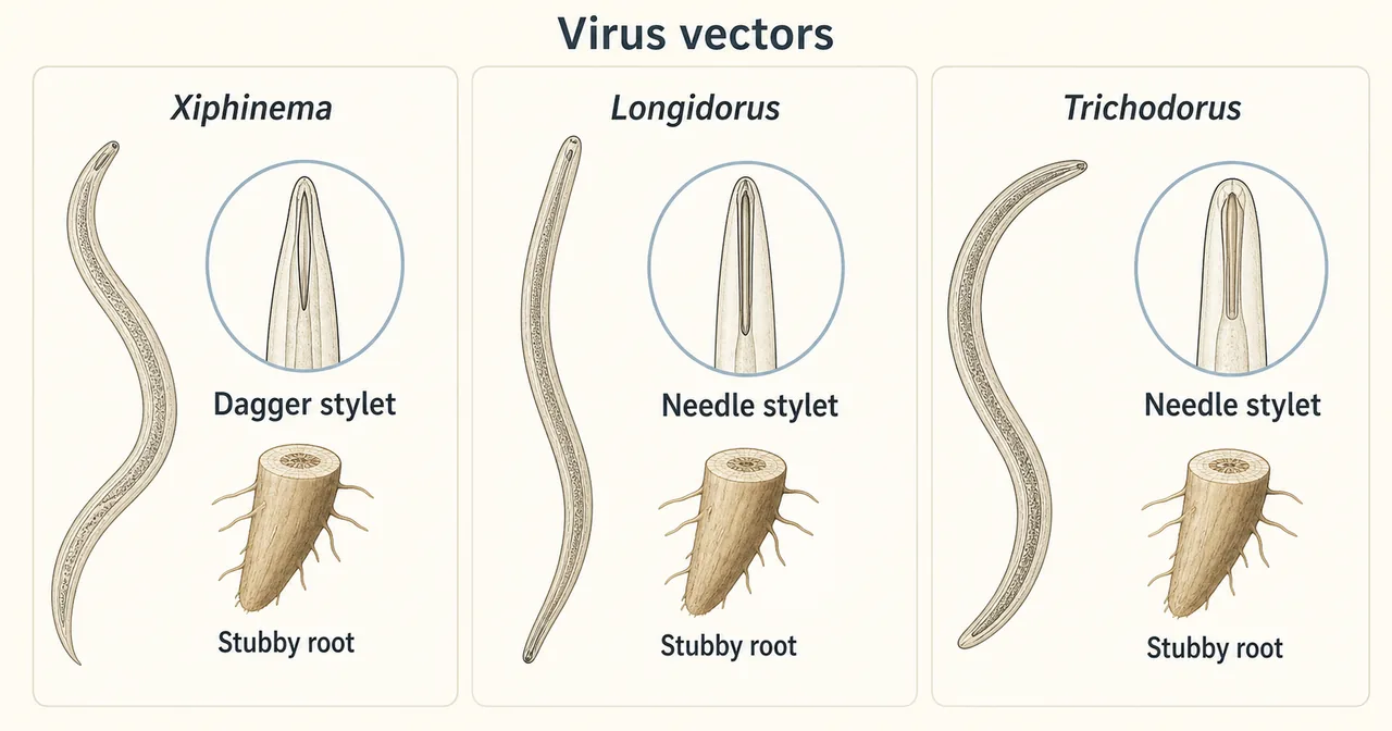 Comparison of Helicotylenchus, Hoplolaimus, Tylenchorhynchus, Criconema, Hemicycliophora, and Paratylenchus with key diagnostic clues