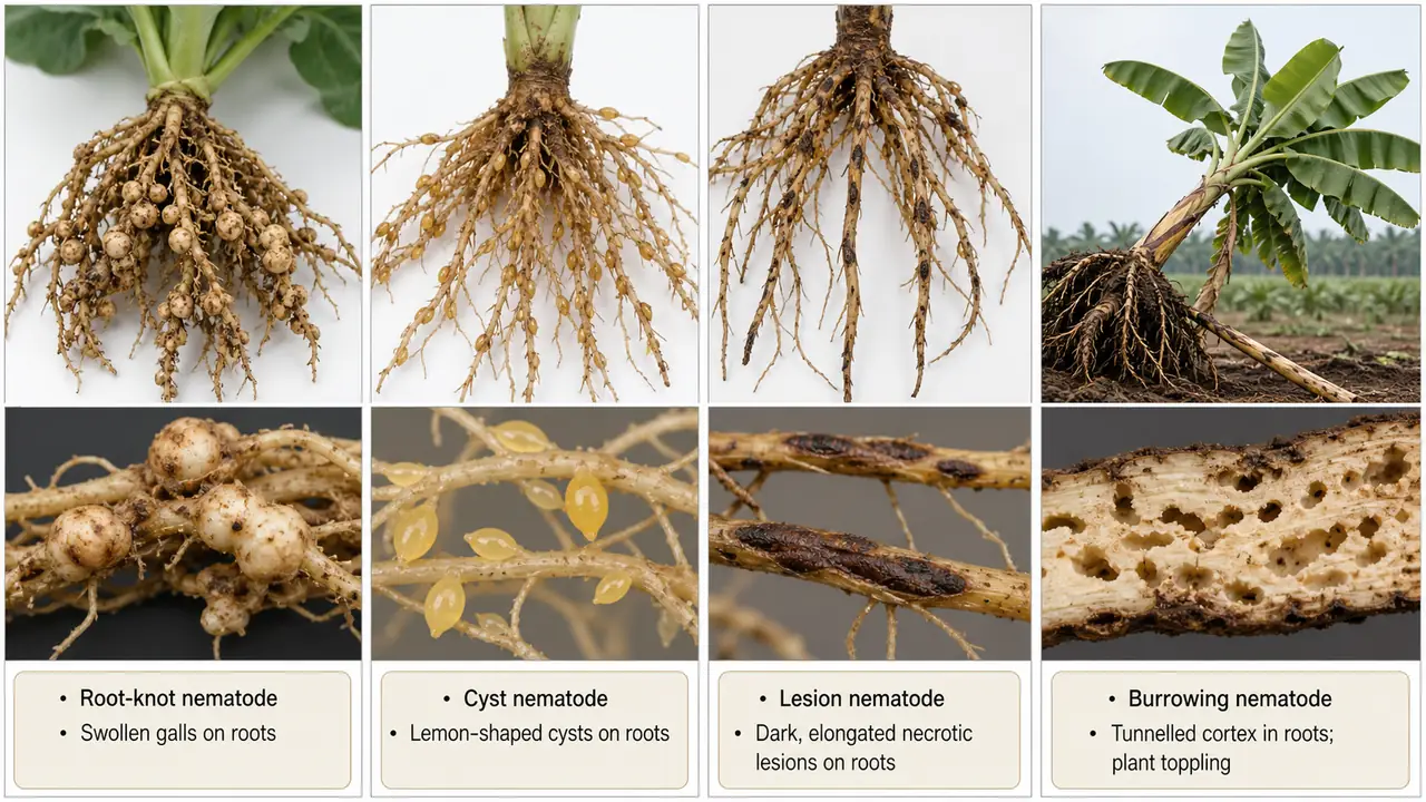 Field symptom comparison of root-knot galls, cyst nematode cysts, lesion nematode root lesions, and burrowing nematode banana root destruction