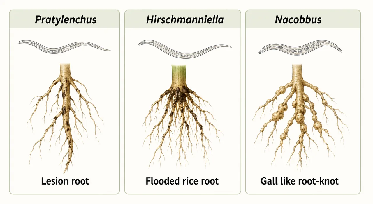 Comparison of Pratylenchus, Hirschmanniella, and Nacobbus with lesion roots, flooded rice roots, and gall-like root-knot symptoms