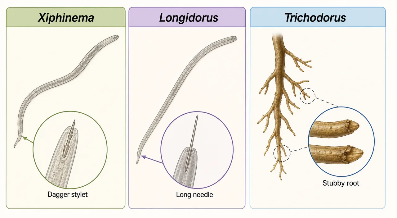 Comparison of Xiphinema, Longidorus, and Trichodorus with dagger stylet, long needle, and stubby root cues