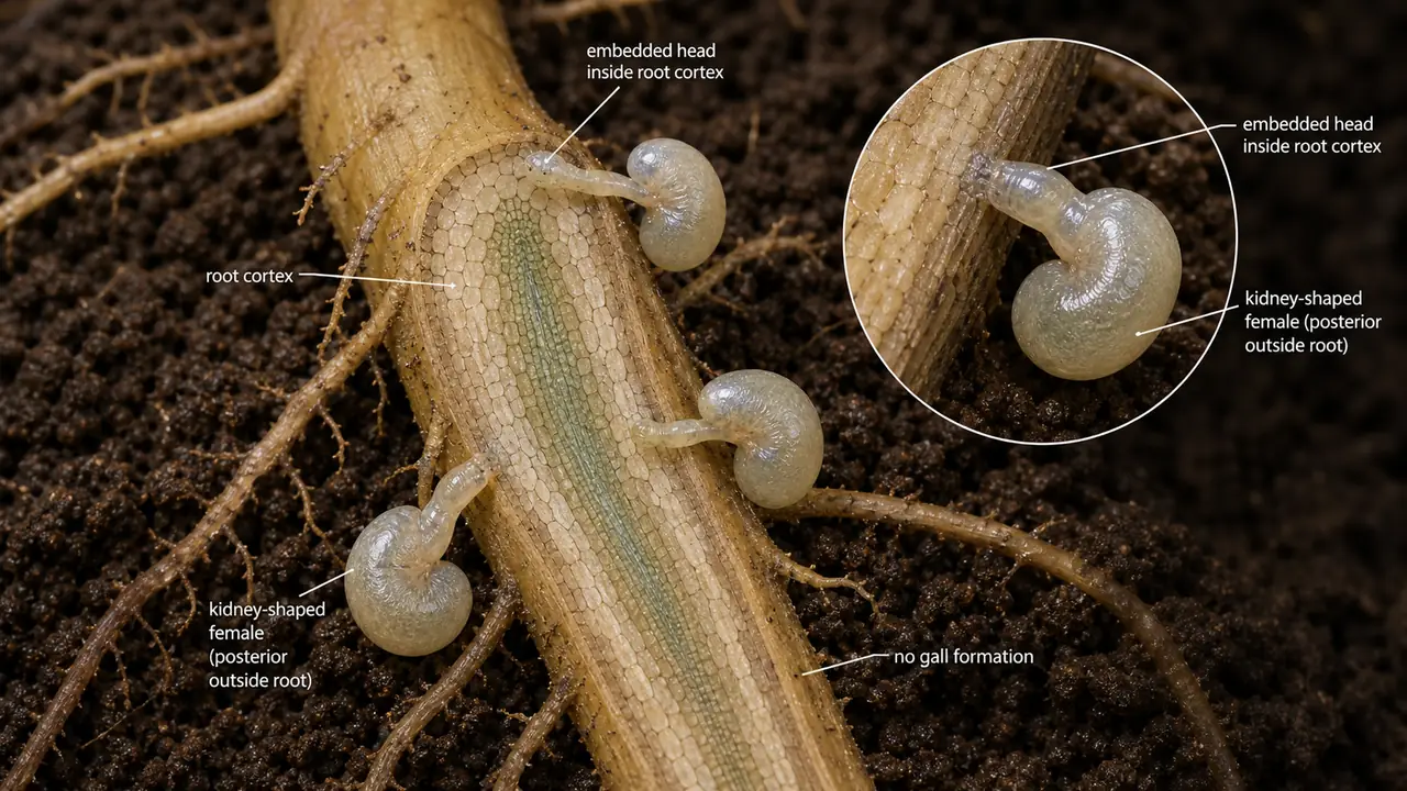 Reniform nematode immature female embedded in root cortex with kidney-shaped posterior outside the root and no conspicuous galls
