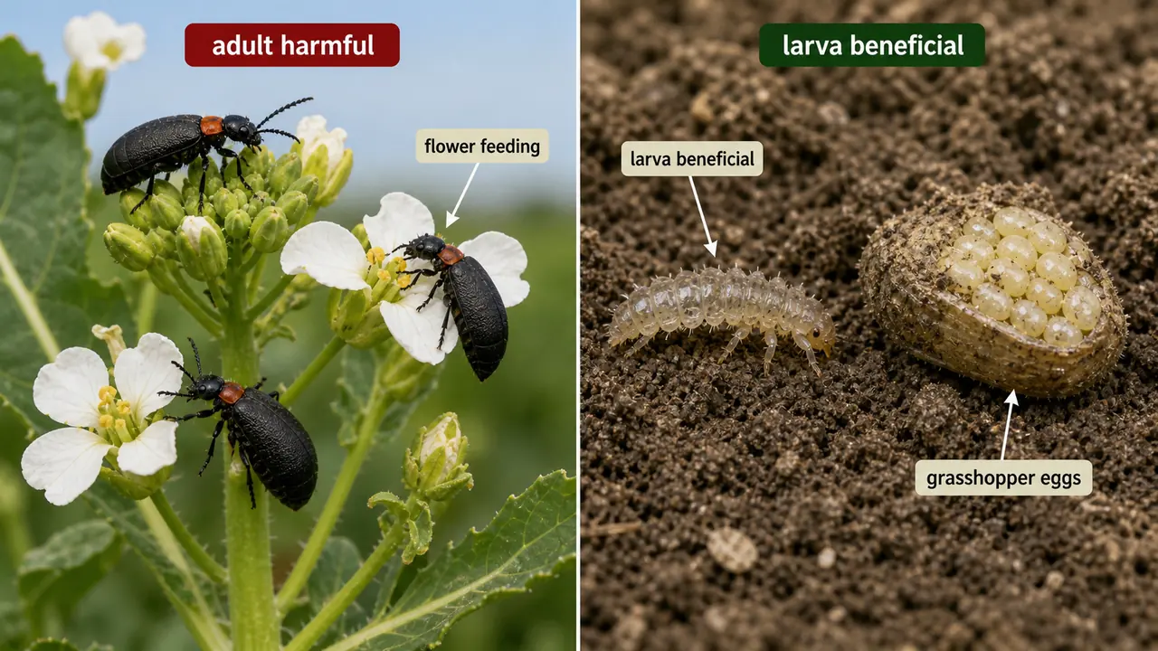 Blister beetle dual role showing harmful adults feeding on flowers and beneficial larvae attacking grasshopper egg pods