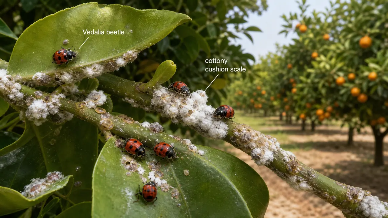 Vedalia beetle controlling cottony cushion scale on citrus as an example of classical biological control