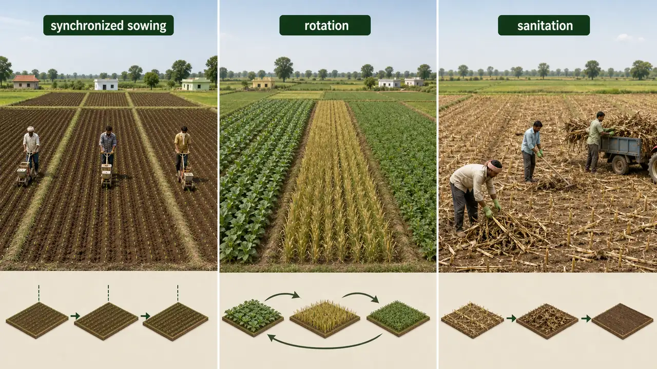 Community-level cultural pest management showing synchronized sowing crop rotation and crop sanitation across neighboring farms