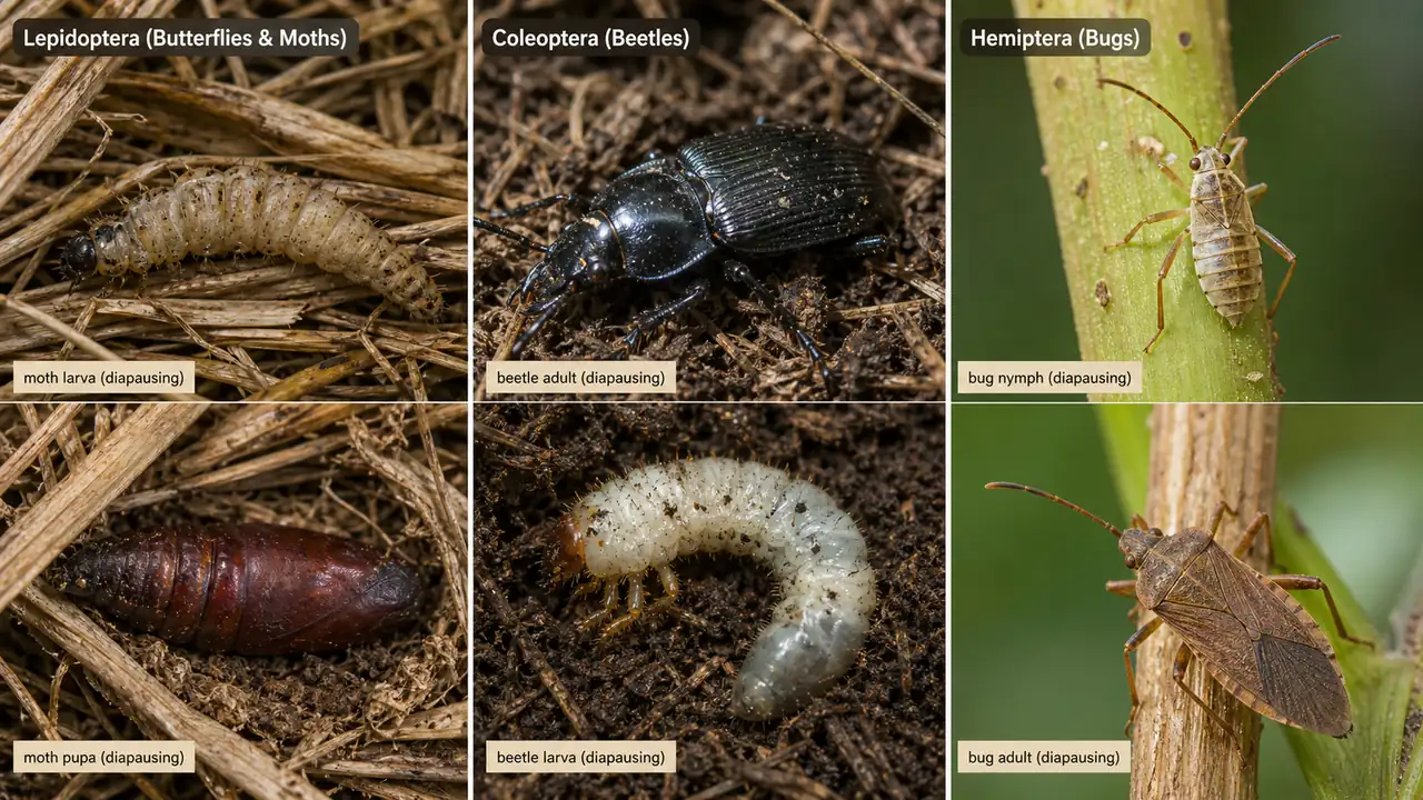 Comparison of diapause stages in moth beetle and bug life cycles for agricultural entomology