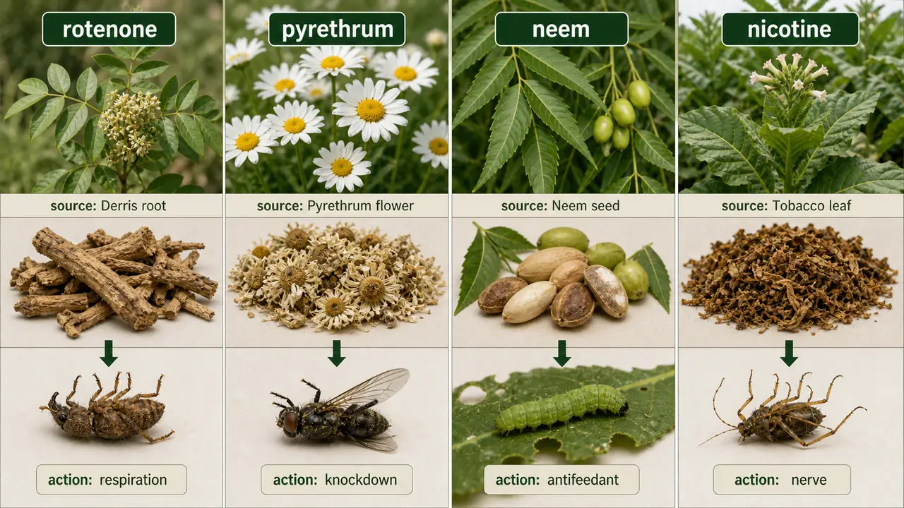 Four major botanical insecticides showing rotenone pyrethrum neem and nicotine with source parts and main action