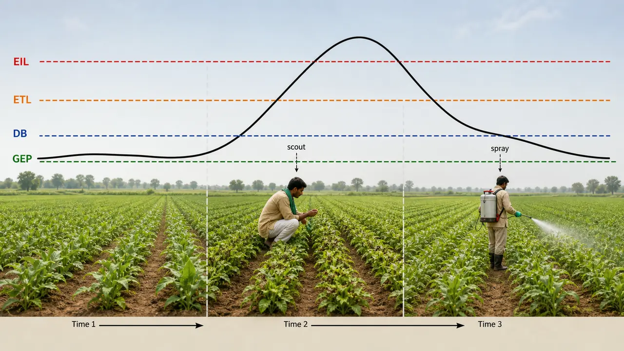General equilibrium position in pest management showing GEP, DB, ETL, and EIL with scouting before control