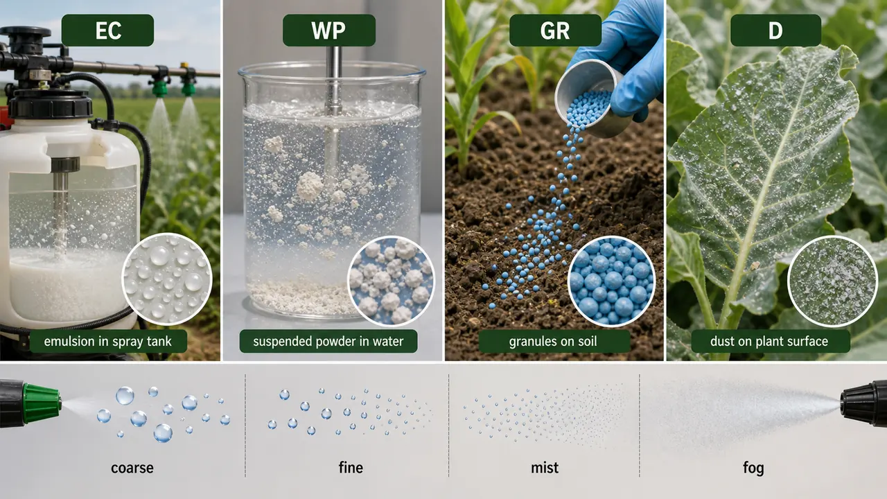 Insecticide formulation types showing EC WP granules dust and droplet sizes from coarse spray to fog