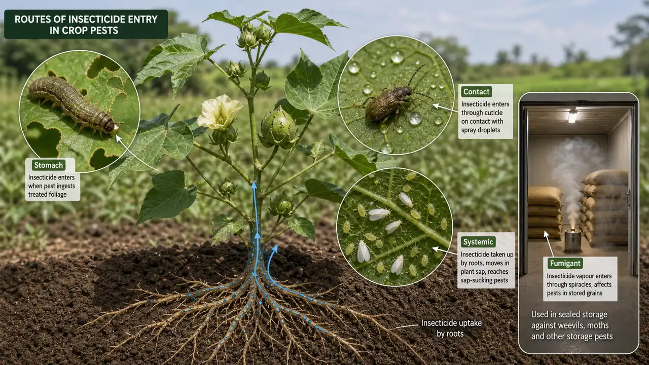 Comparison of stomach poison contact poison and systemic insecticide action on crop pests