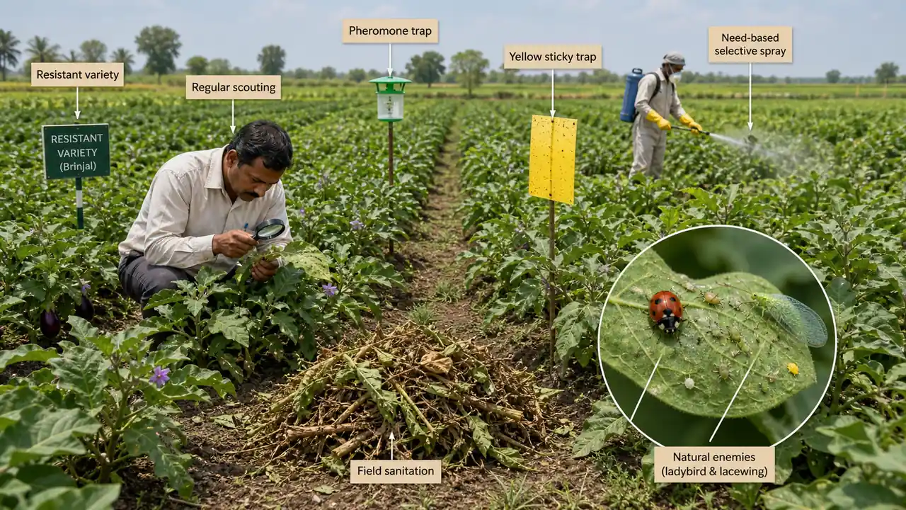 Integrated pest management composition showing cultural biological mechanical physical resistant and need-based chemical methods around one crop