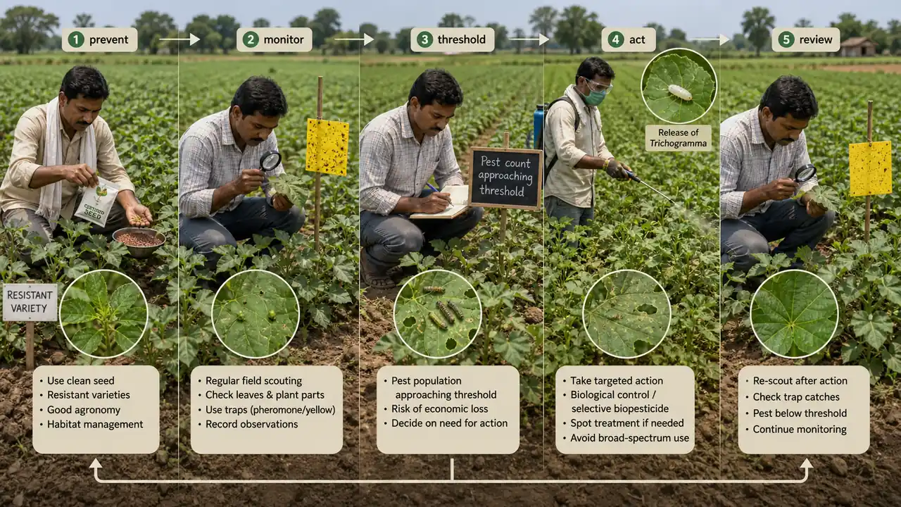 Integrated pest management field workflow showing prevention scouting threshold-based action and review