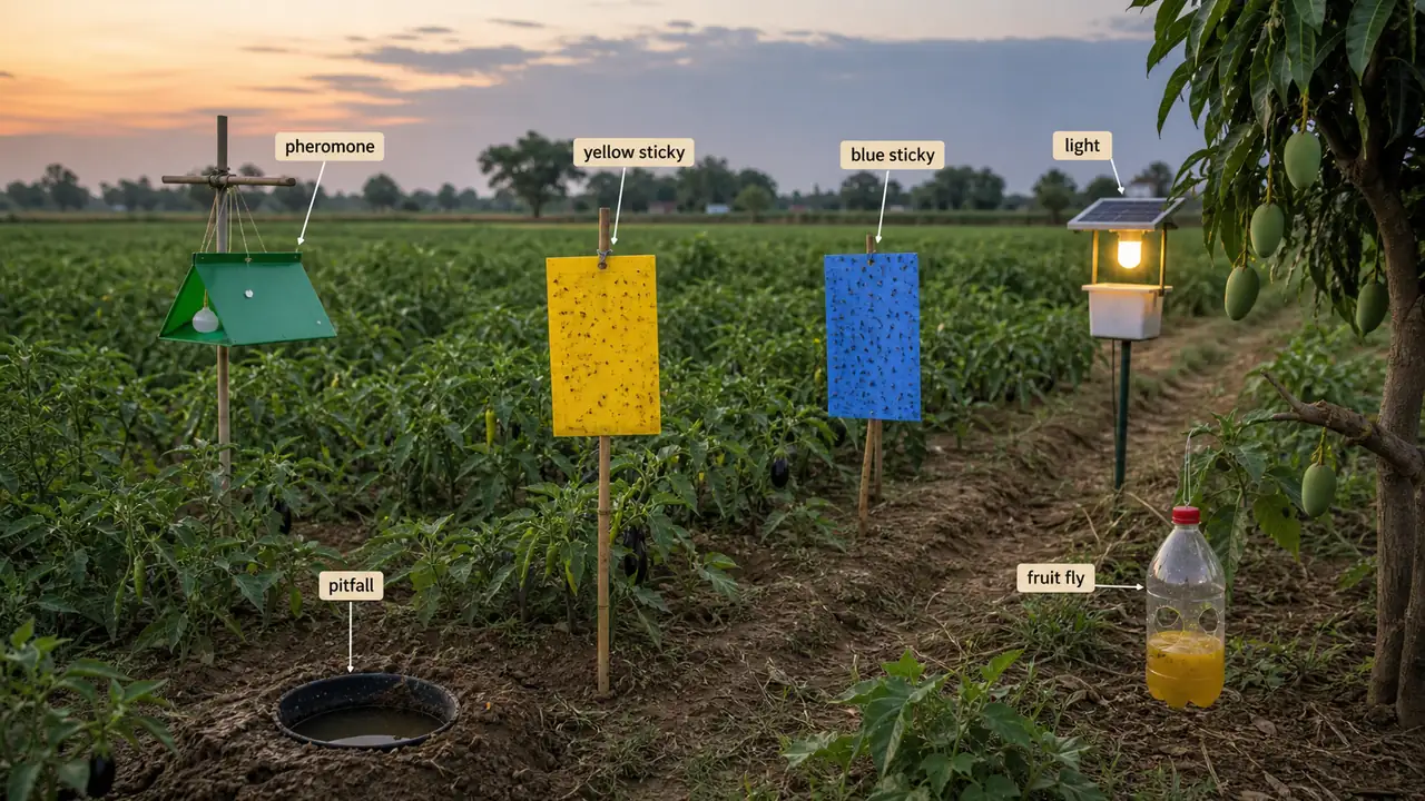 Comparison of yellow sticky blue sticky pheromone and fruit fly traps used in pest monitoring