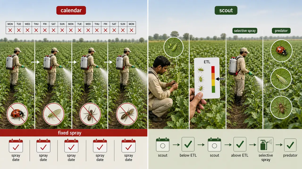 Integrated pest management compared with calendar-based spraying showing scouting, ETL decision, selective spray, and natural enemy conservation