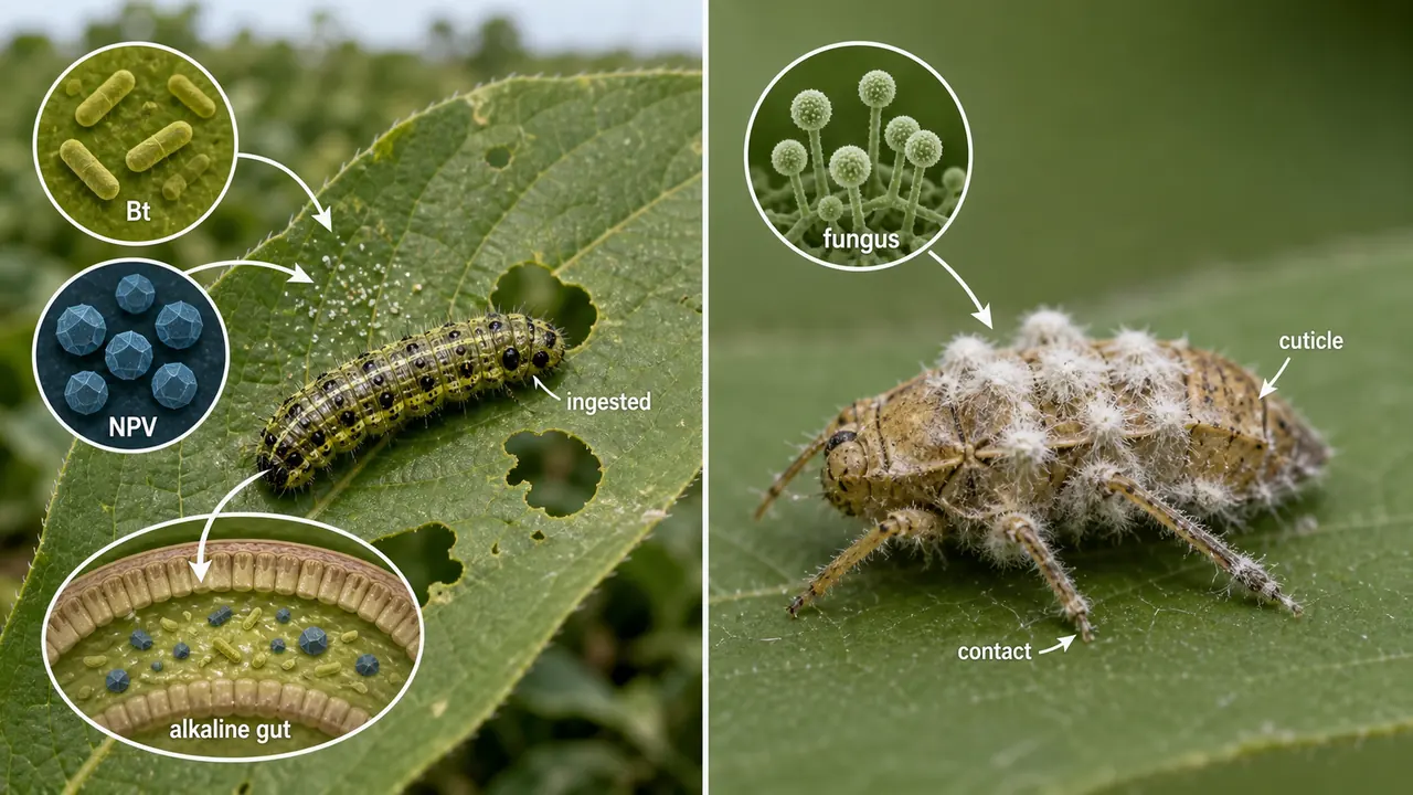Microbial biological control showing Bt and NPV ingested in caterpillar gut versus fungal infection through insect cuticle