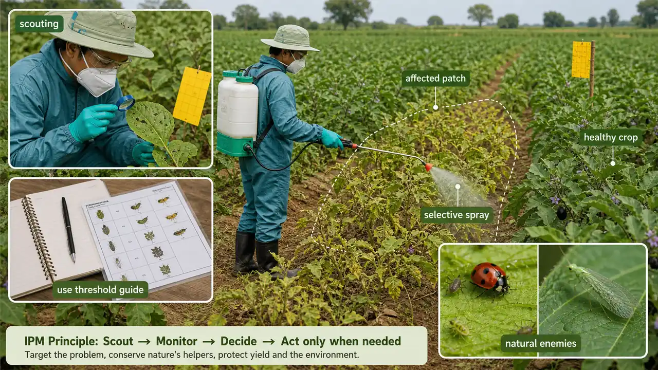 Need-based selective insecticide spray after field scouting in integrated pest management