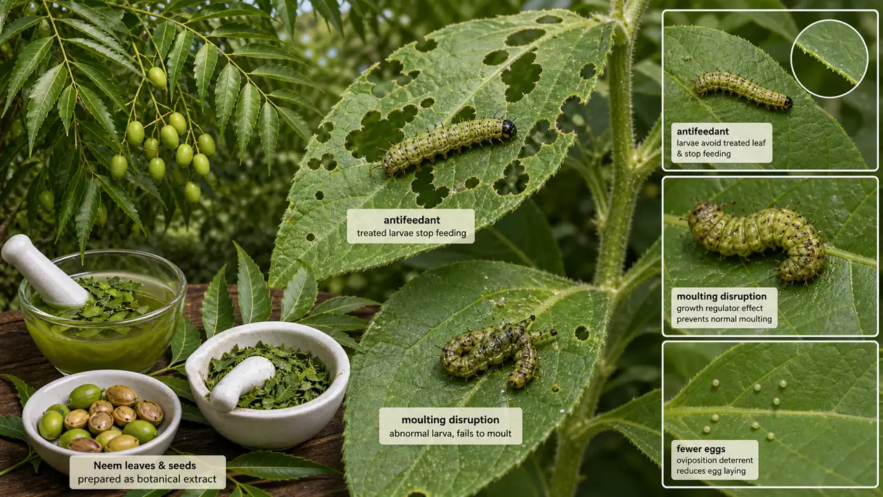 Neem source material and pest effects illustrating azadirachtin action in botanical pest management