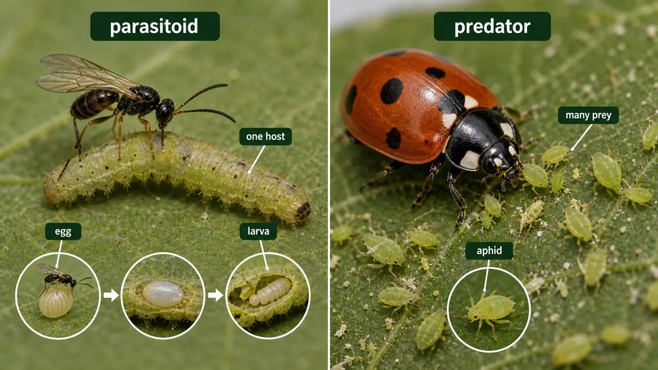 Biological control comparison showing parasitoid action on one host and predator feeding on many aphids