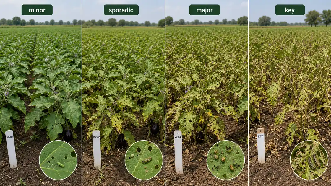 Comparison of crop fields under key, major, minor, and sporadic pest pressure