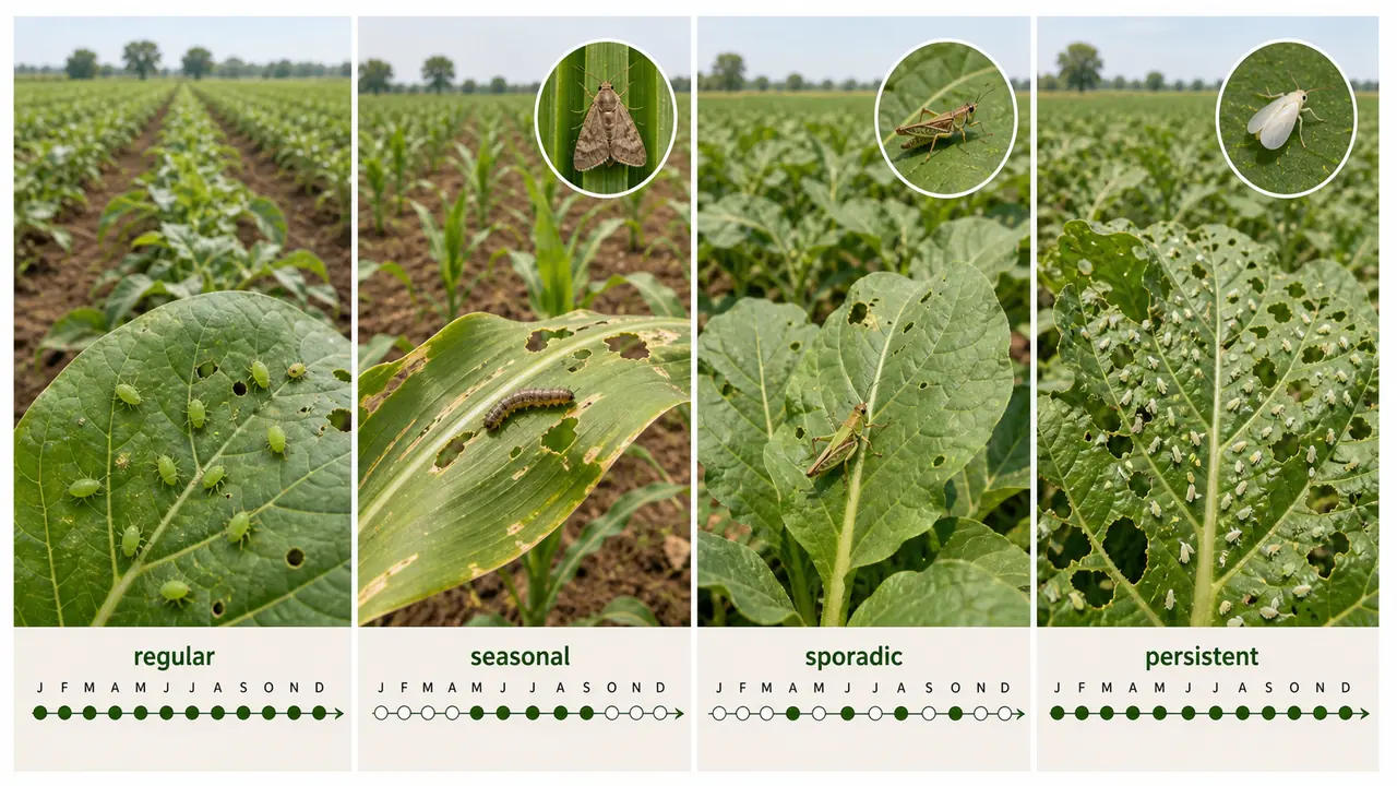Pest occurrence patterns comparing regular seasonal sporadic and persistent pest pressure in crop fields