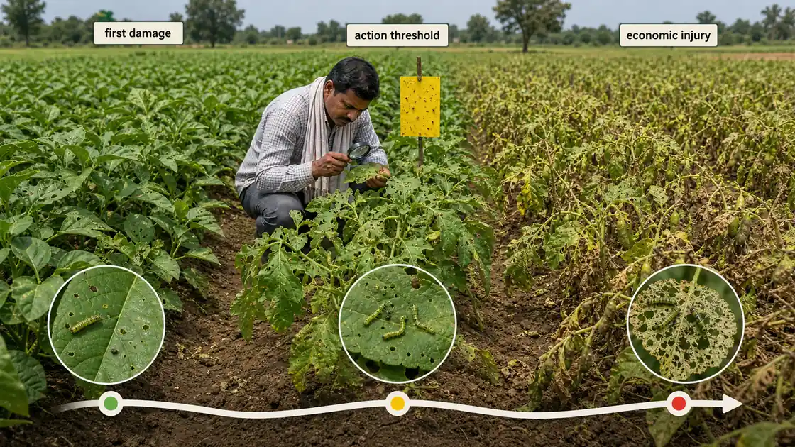 Crop field progression showing pest density from first visible damage to action threshold and economic injury